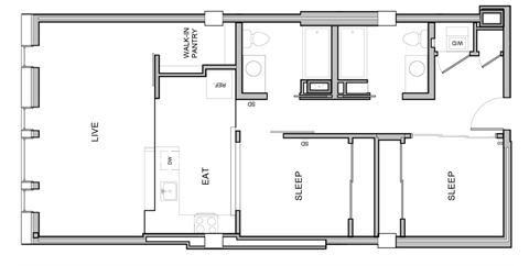 Floor plan for 2 beds, 2 baths, 933 sqft